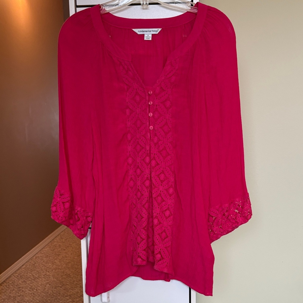 Vibrant Pink Blouse with Lace Accents